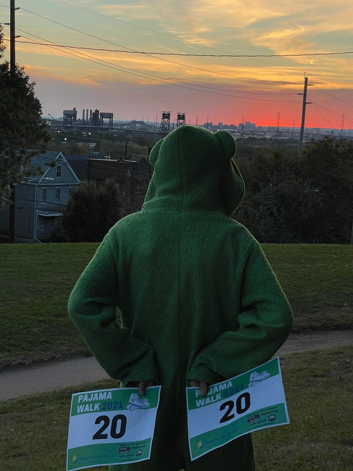 Participant in onesie at Pajama Walk 2021